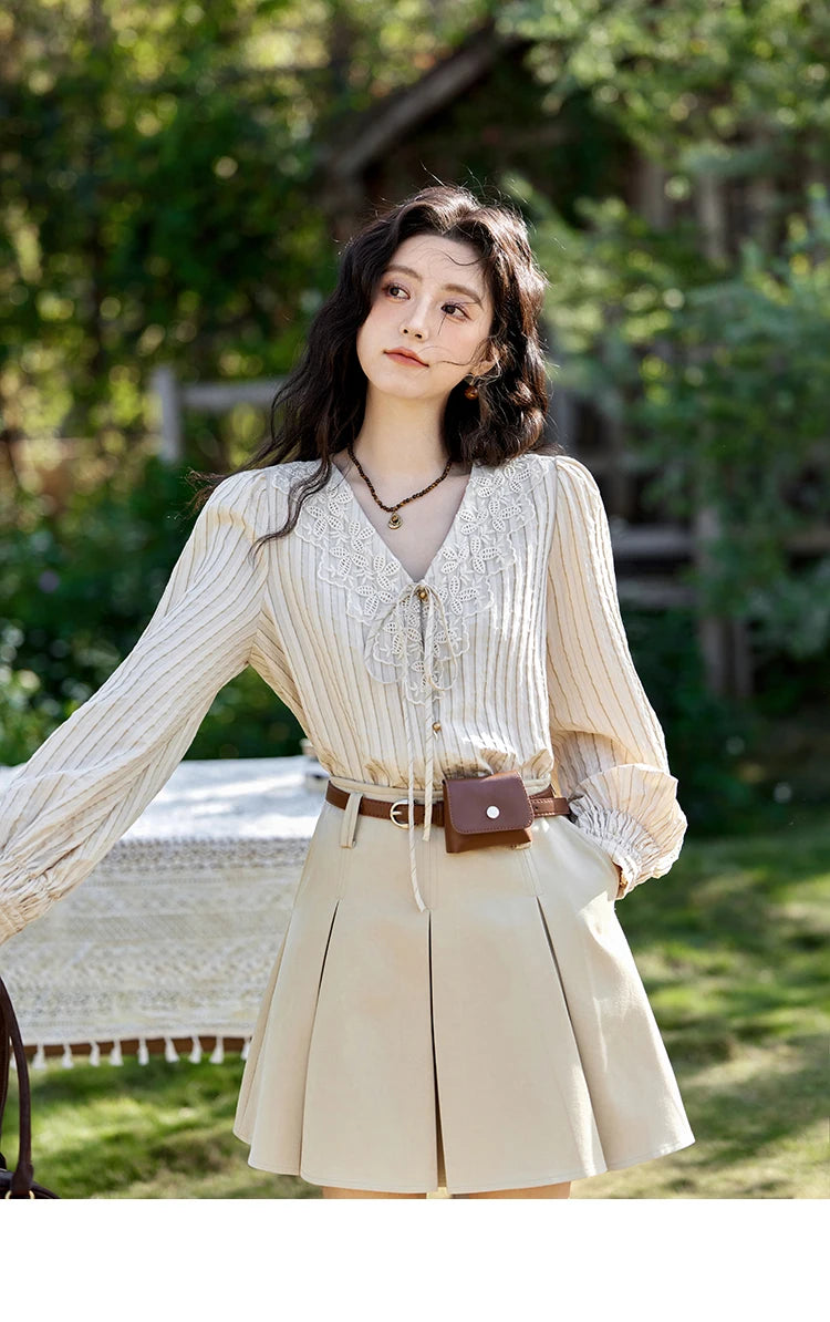 MISHOW French Retro V-neck Lace-up Striped Shirt for Women Spring 2025 Embroidered Lace Long Sleeve Top Casual Shirts MXE12X1715