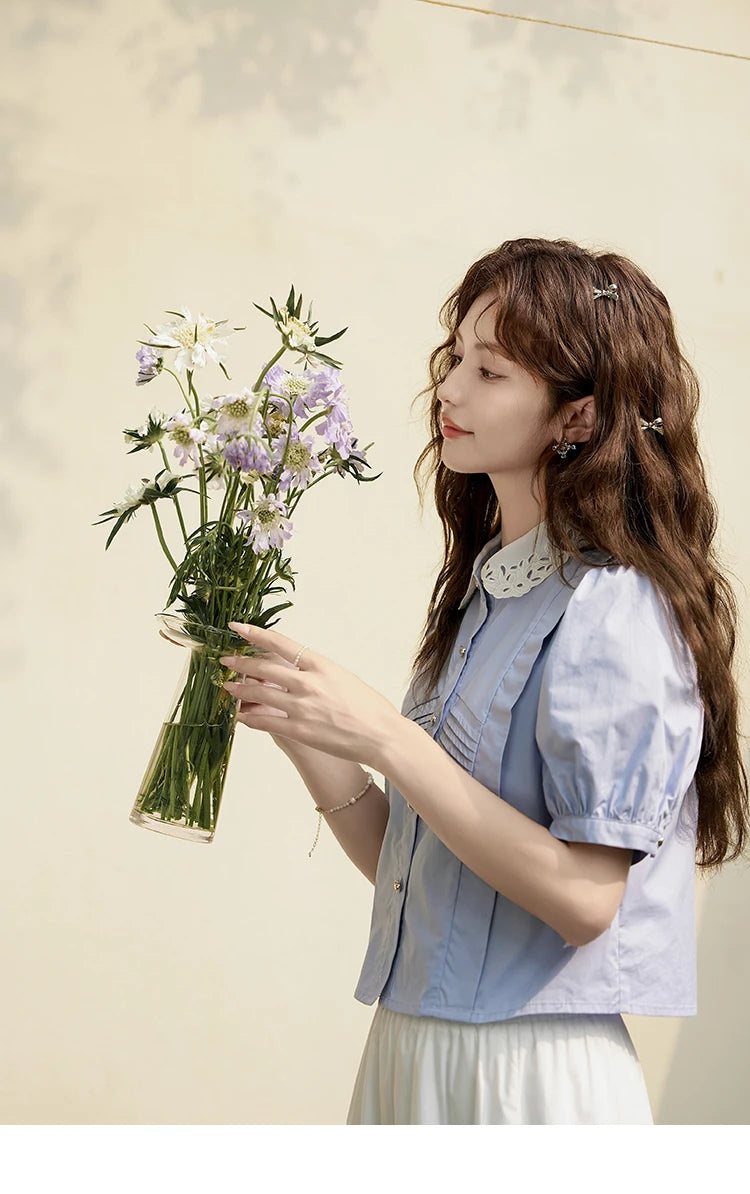 MISHOW Women's Summer Button Up Shirt Puff Sleeve Blouse Lace Lapel French Retro Contrast Top Korean Popular Clothes MXD26X1451