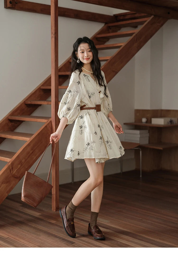 MISHOW Embroidered Doll Dress 2025 Seven Cent Lantern Sleeve Dress O-neck Tassel Lace-up Cotton Dress with Waist Belt MXE41L2480