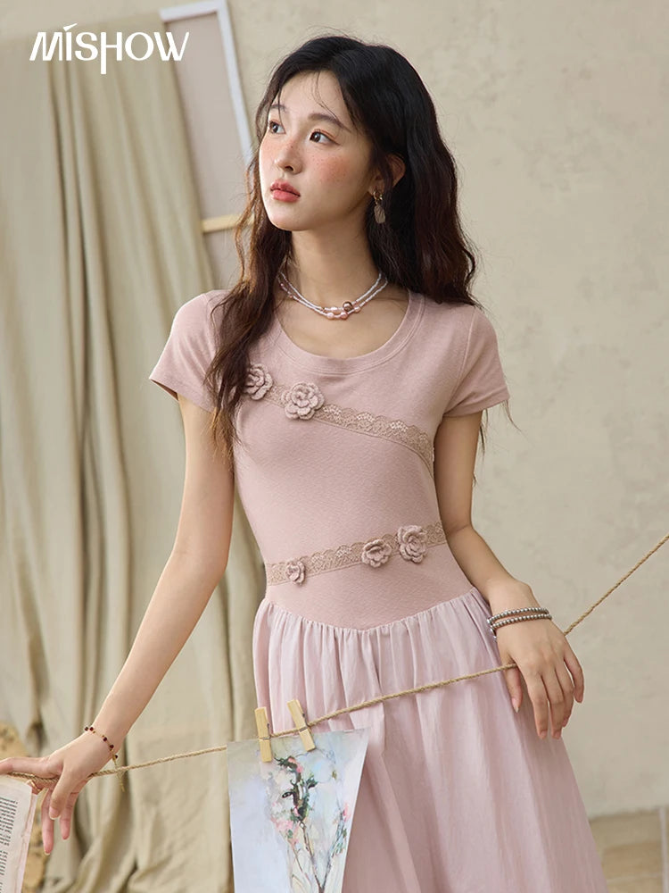 MISHOW Woven Patchwork Knitted Dress Female Summer 2025 French Waist Slim Long Dress Pink Round Neck Elegnat Dresses MXE36L2247