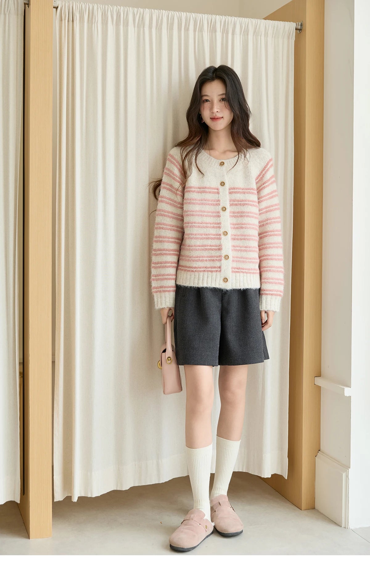 MISHOW Women's Pink Striped Cardigan 2025 Autumn Winter French Style Round Neck Wool Blended Sweater Loose Casual Top MXE49Z2615