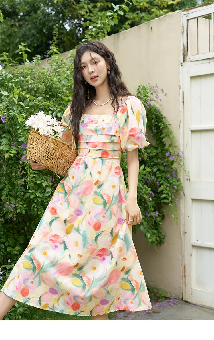 MISHOW French Tulip Fragmented Flower Dresses for Women 2024 Summer Beach Vacation Puff Sleeve Sweet Elegant Dresses MXD28L1896