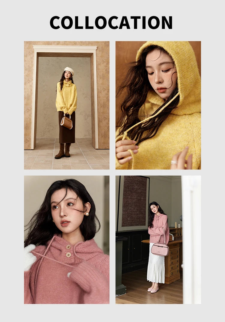 MISHOW Knitted Sweater Hooded Neck Warm Wool for Women 2025 Autumn Winter Cozy Loose-Fit Casual Solid Pullover Top MXD59Z1123