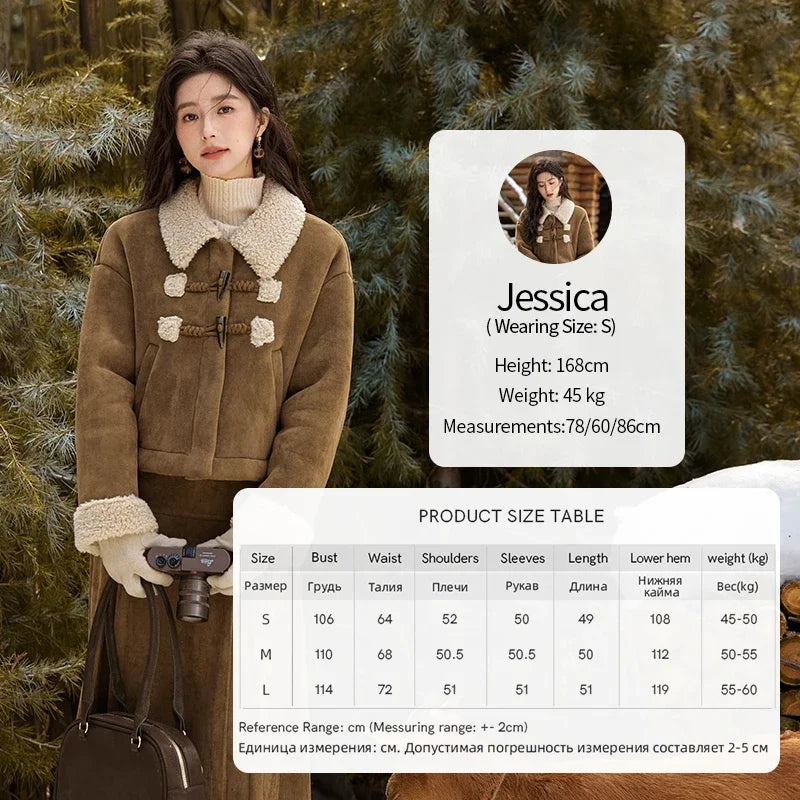 MISHOW Vintage Coats Midi Skirts Separately Brown Suede Plush Jacket Bull Horn Buckle Spliced Design Thick Warm Top MXD36W0500