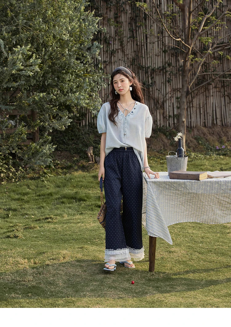 MISHOW French Summer Blouses Women Solid Short Puff Sleeve V-neck Lace-up Design Shirts Female Fashion Straight Tops MXE33X1743