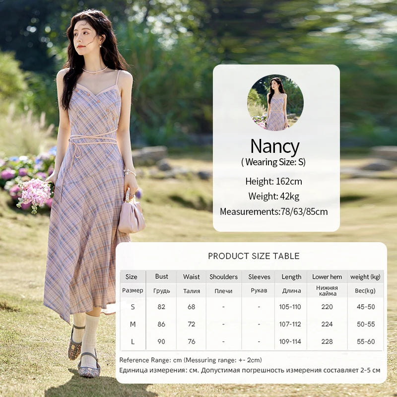 MISHOW Plaid Strap Dress for Women Spring 2025 French V-neck Sleeveless Dress Slim Lace-up Waist Camisole Dresses MXE11L2088