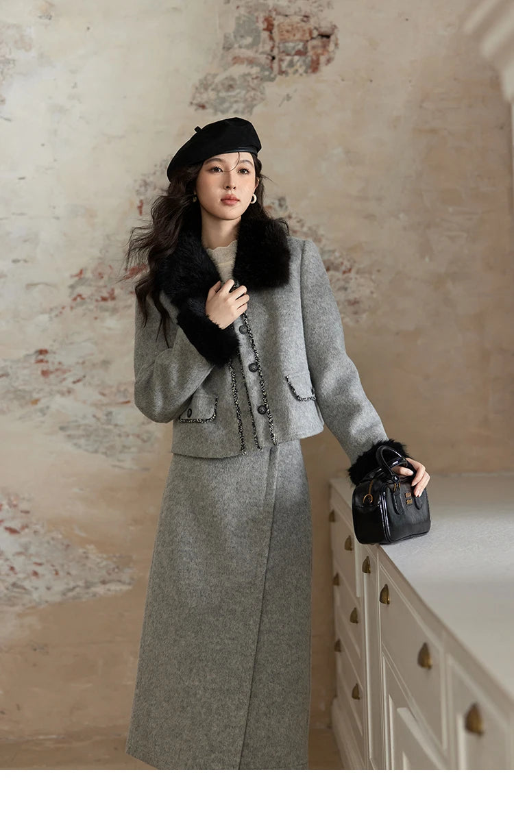 MISHOW Short Tweed Jacket Temperament Midi Skirts Separately Color Clash Lace Design Winter Skirt Thickened Coat MXD54W0553