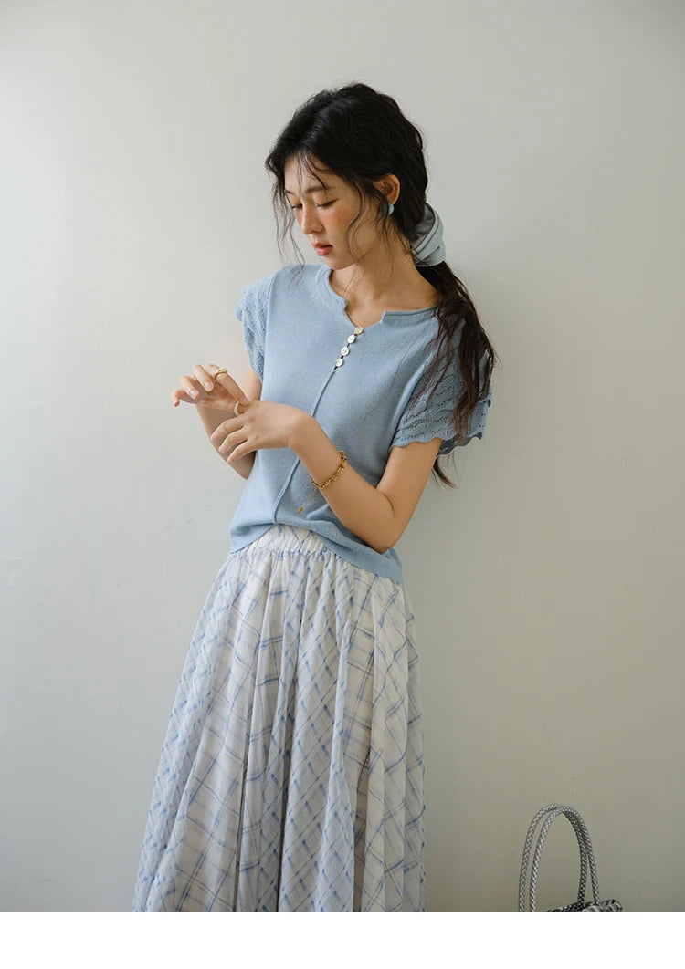 MISHOW Patchwork Plaid Chiffon Half Skirt for Women 2025 Summer Fashion Irregular Wave Edge High Waist A-line Skirt MXE34B0739