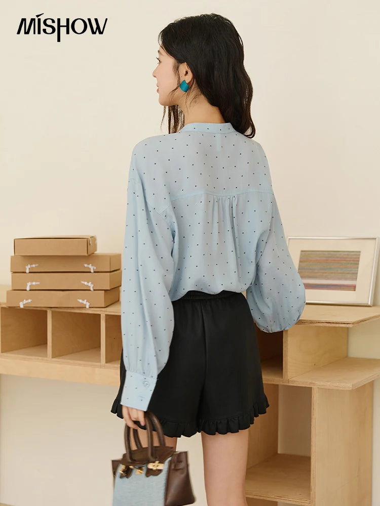 MISHOW Women's Casual Shirt 2025 Autumn French Vintage Blue Polka Dot Shirt Bow Collar Long-sleeve Top Women's Clothe MXE45X2475