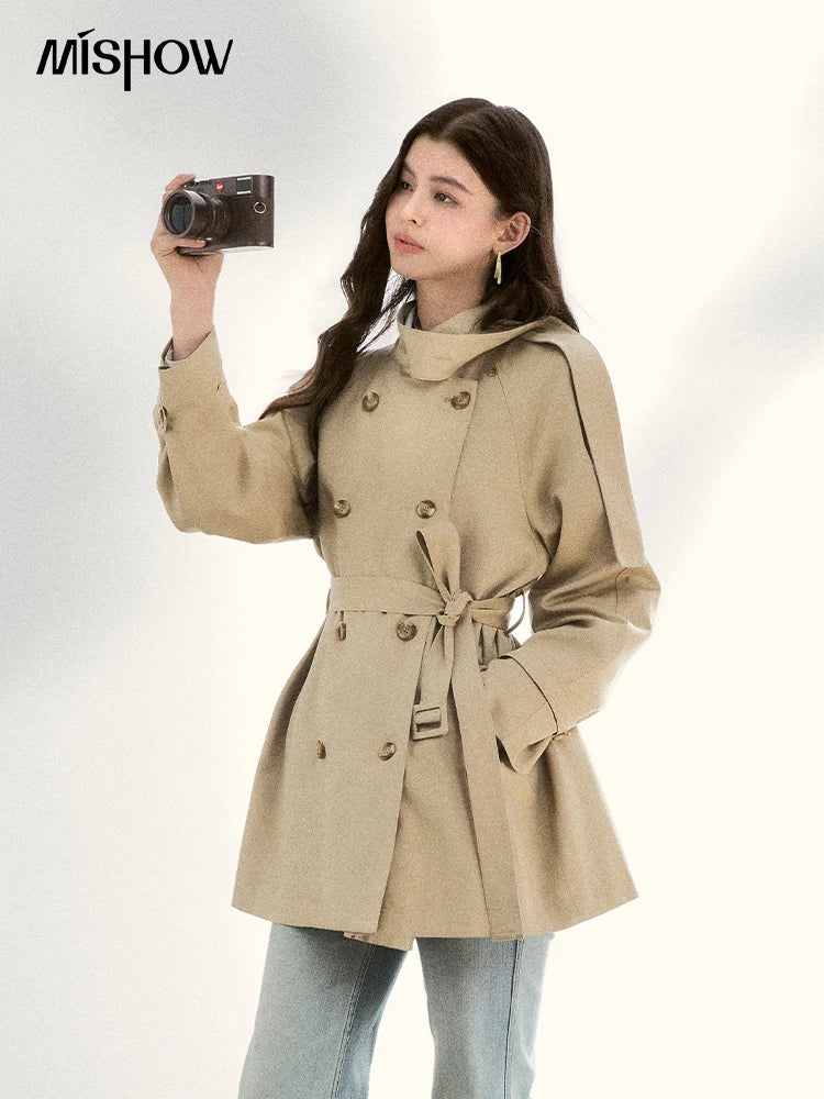 MISHOW Women's Double-Breasted Trench Coat 2026 Spring Belted Lapel Trench Long Sleeve Casual Mid-Length Outerwear MXF11W1031