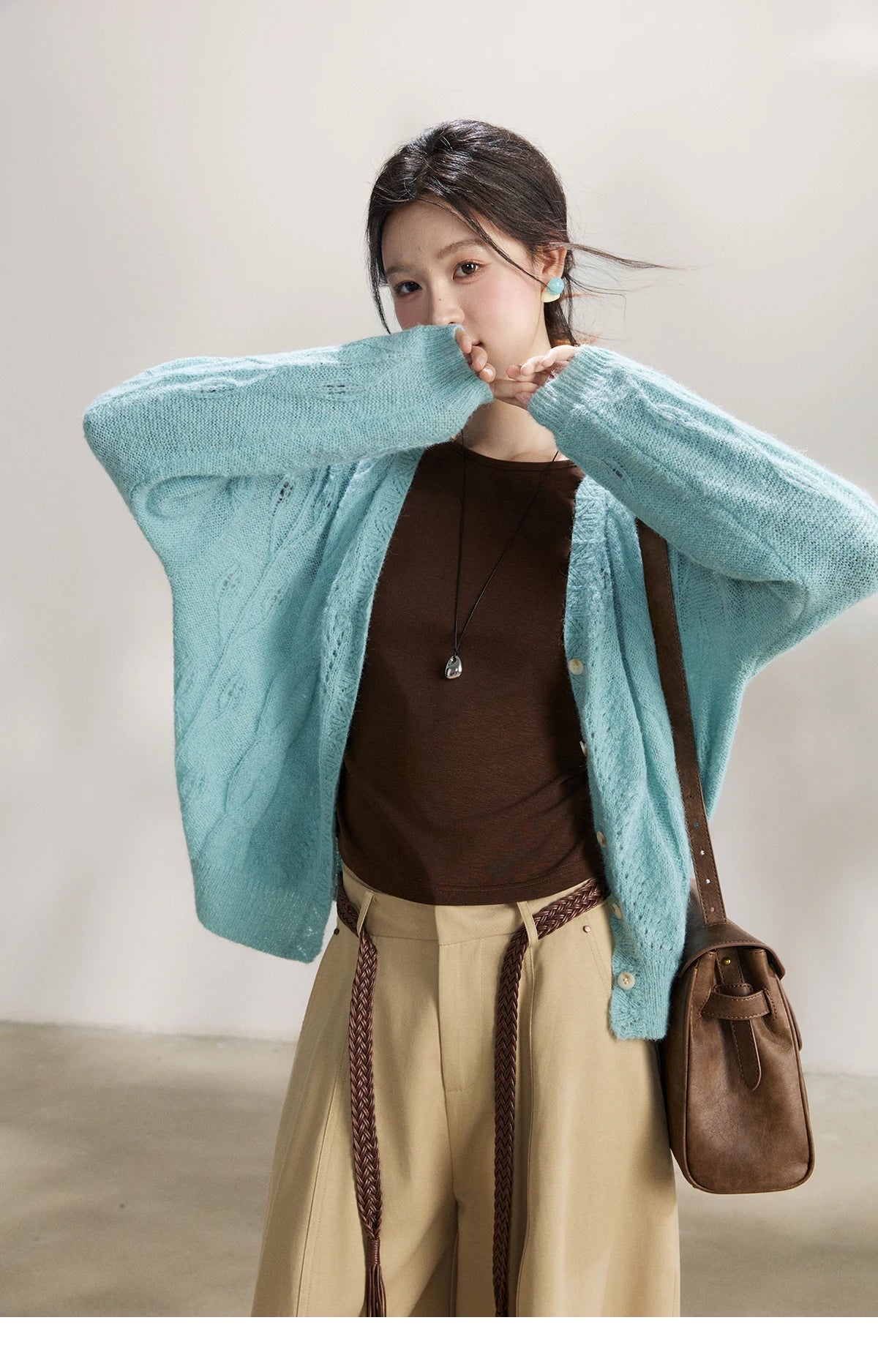 MISHOW Women's Blue Hollow Out Knit Cardigan 2026 Spring V Neck Wool Blend Tops Single Breasted Casual Thin Sweater MXF13Z2975