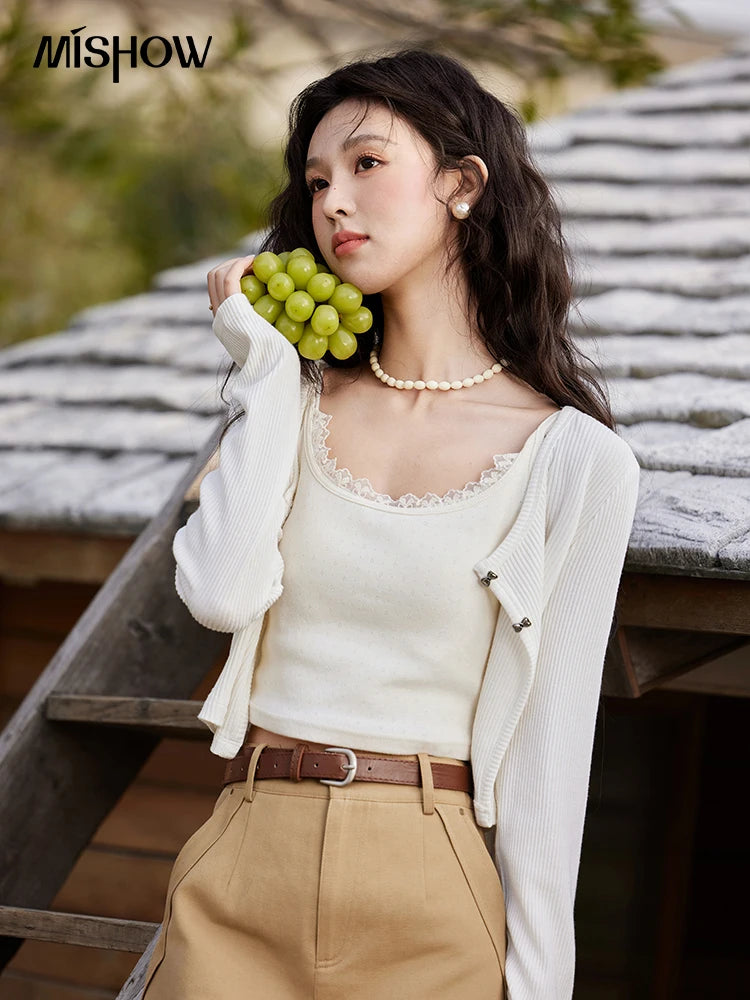 MISHOW Women's Butterfly Button Knitted Cardigan Spring 2025 Slim Fit Versatile Sweater Round Neck Sweet Solid Tops MXE11Z1104