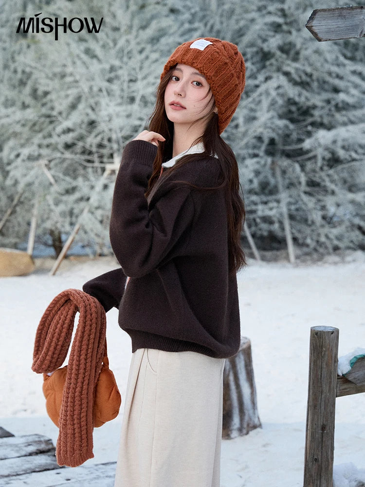 MISHOW Women's Retro Arctic Fleece Cat Sweater 2025 Autumn Winter Color Block Lapel 3D Jacquard Thick Knitted Top MXE90Z2835