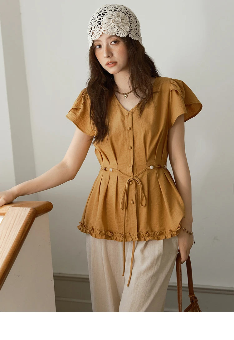 MISHOW Women's Petal Sleeve Slim Shirt 2025 Summer New V-neck Button Bead belt Black Fungus Edge Top Ladies Clothing MXE39X1881