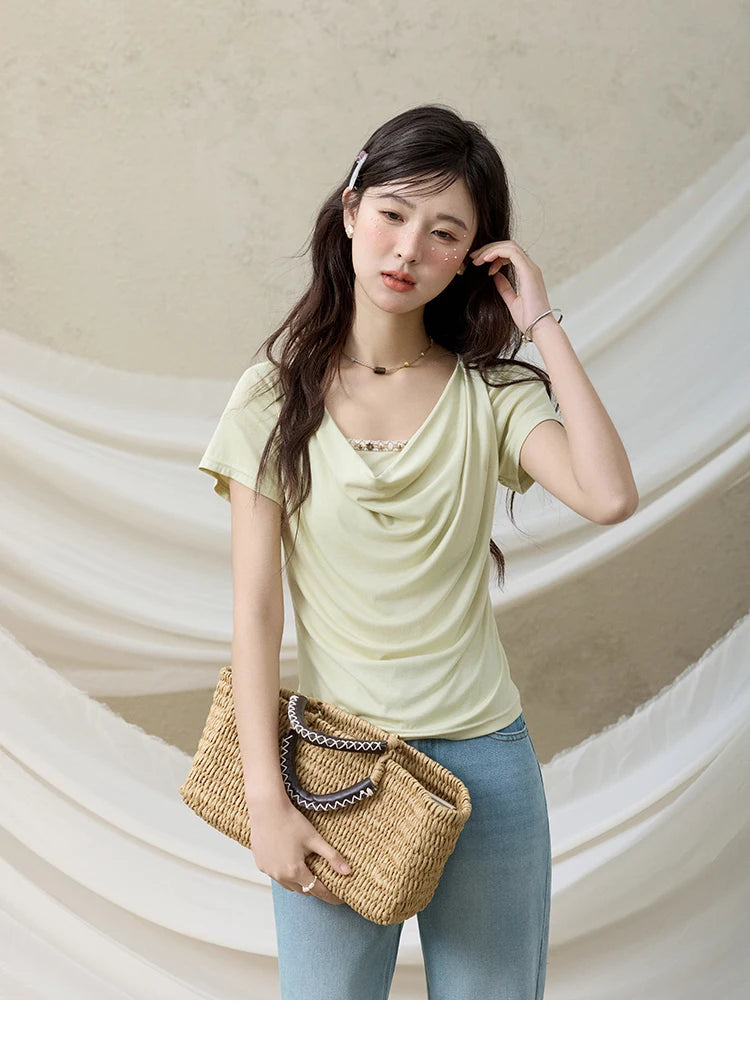 MISHOW Casual Summer Shirts Women 2025 Fashion Short Sleeve Swing Collar Solid T-shirt Female Slim Shell Ribbon Tops MXE33T0524