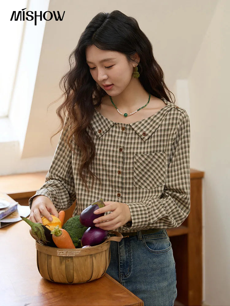 MISHOW Women's Casual Shirts Cotton Autumn Side Slit Pockets Plaid Shirts Commute Elegant Chic Woman Top with Belt MXE44X2469