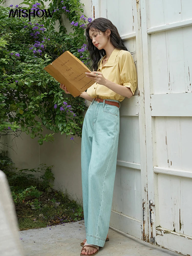 MISHOW Women's Short Sleeve Shirt Summer Thin Casual Simple Loose Elegant Blouses for Women 2024 Fashion Lapel Tops MXD28C0247