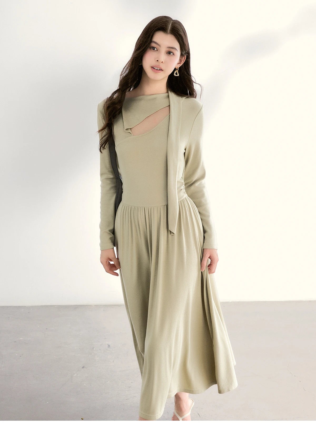 MISHOW Women's Light Green Midi Dress 2026 Spring Cutout Neck Hollow Out Ribbon Dresses Elegant Long Sleeve Dress MXF13L2556