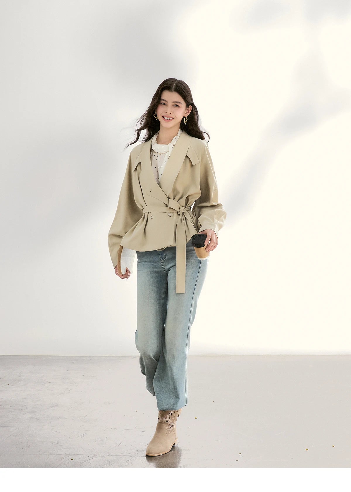 MISHOW Women's Khaki Belted Waist Coat 2026 Spring Lapel Double-breasted Coats female Casual Short Jacket Office Lady MXF13W1056