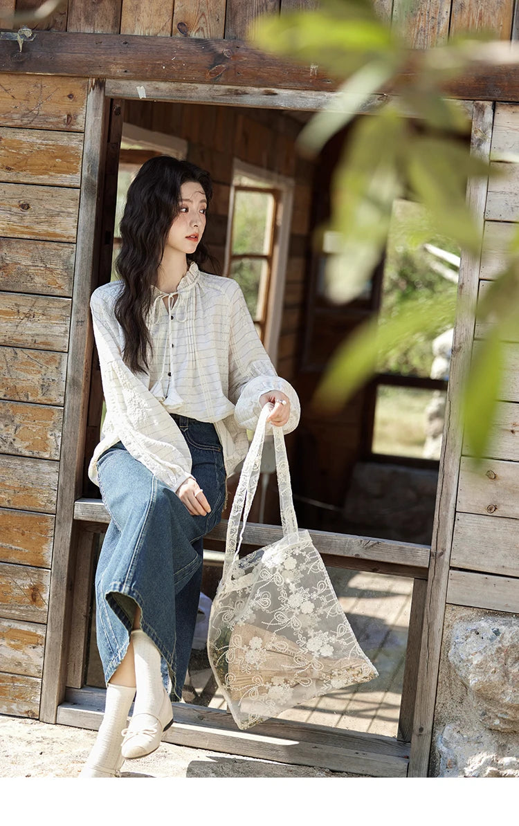 MiSHOW French Striped Blouses Women Spring New 2025 Long Sleeve Lace Collar Shirts Female Fashion Solid Chiffon Tops MXE12C0387