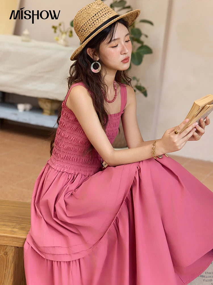 MISHOW Sling Square Collar Dress for Women 2025 Summer High Waist Pocket Fashion A-line Long Dress Ladies Clothing MXE36L2319