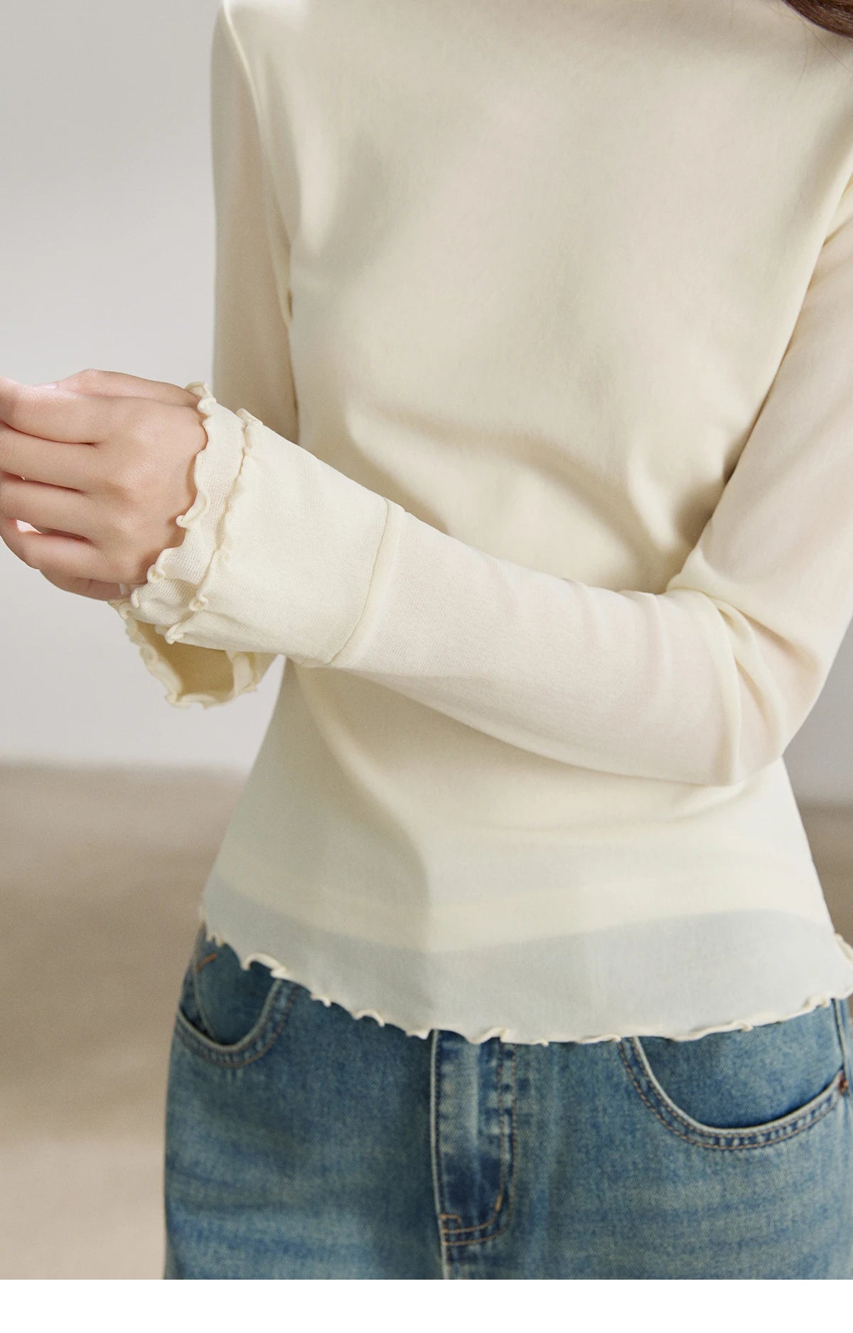 MISHOW Women's Ruffled Crew Neck Interior T-shirt 2026 Spring Lightweight Transparent Mesh Tops Slim Casual T-Shirt MXF11Z2914