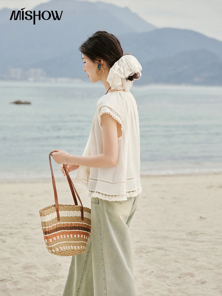 MISHOW Embroidered French Shirt Women Summer 2025 Short Sleeve Round Neck Solid Blouses Female Fashion New Tops Lady MXE33X1744