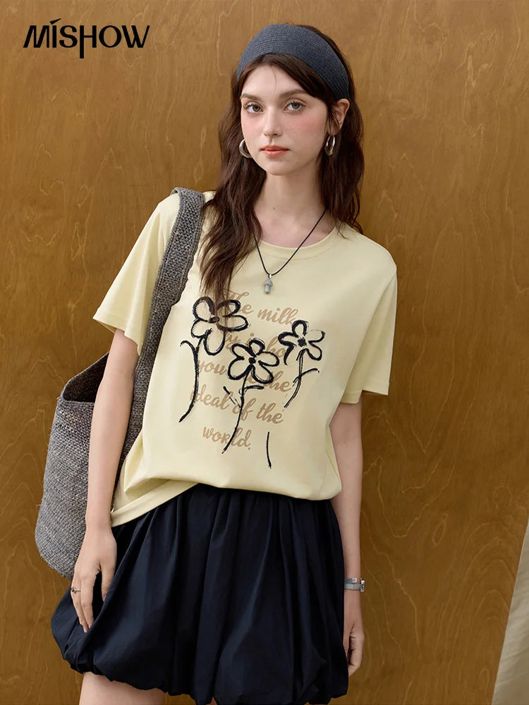 MISHOW Casual Print T-shirts Women Summer 2025 Short Sleeve Round Neck Embroidered Flower Shirt Female Loose Slimming MXE33T0498