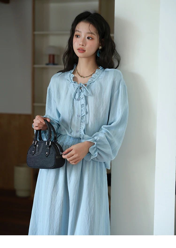 MISHOW Women's Light Blue Striped Linen Suit 2025 Autumn Fungus Edge V-neck Lace-up Shirt Elastic Waist Skirt Two pcs MXE41T0700