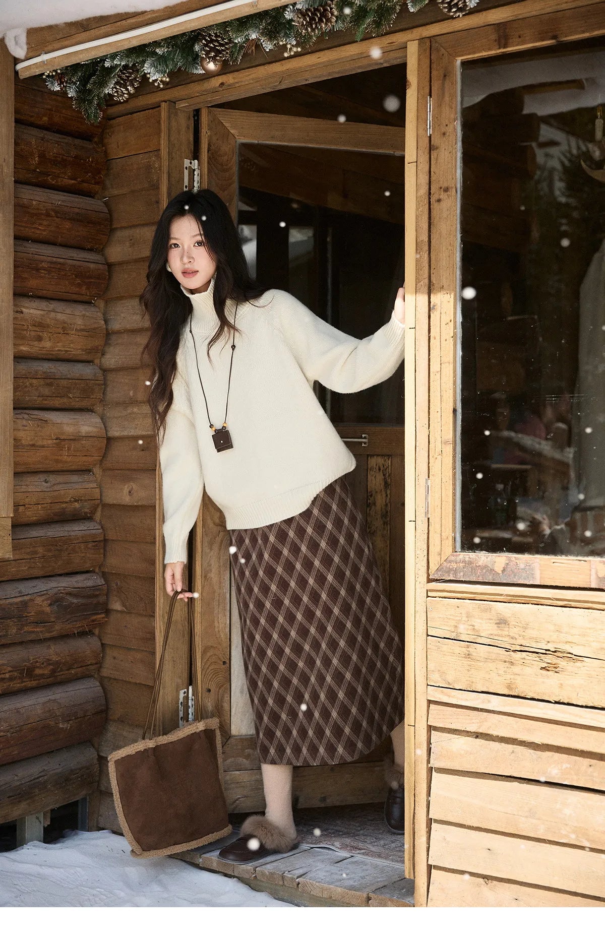 MISHOW Women's Brown Plaid Wool Blend Skirt 2025 Winter High Waist Slim A-Line Back Hem Split Back Elastic Midi Skirt MXE94B2461