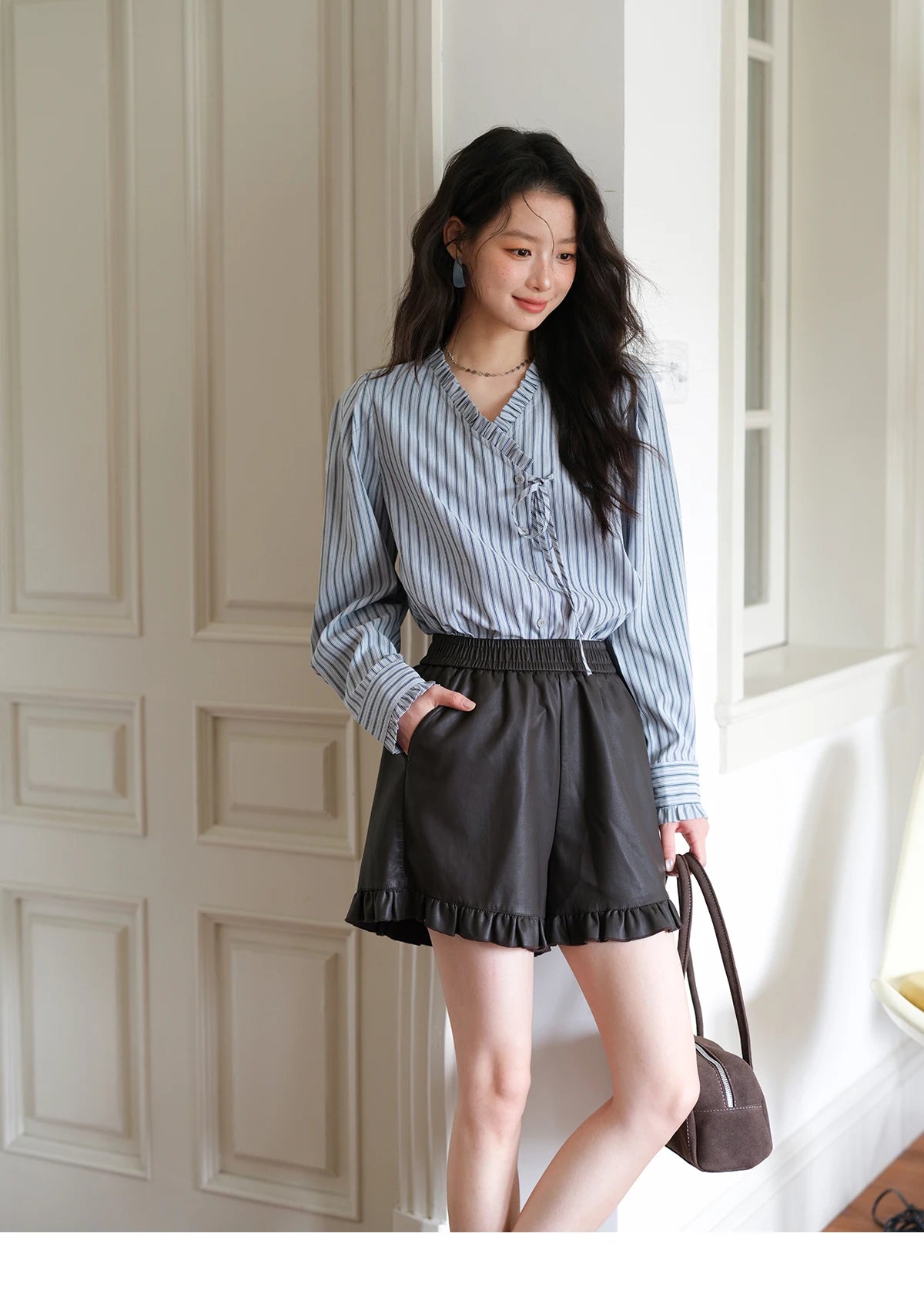 MISHOW Blue Striped Peach Skin Velvet V-neck Shirts for Women Autumn 2025 Asymmetrical Lace-up Commuting Casual Shirt MXE42X2472