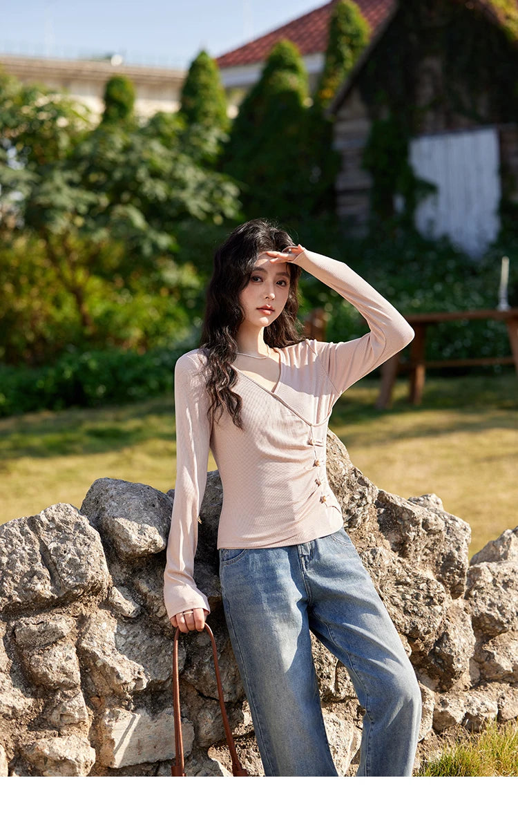 MISHOW Knitted Sweater Solid Color V-neck Long Sleeved Women Spring Summer New Fashion Elastic Slim Tshirt Tops Sweet MXE11Z1076