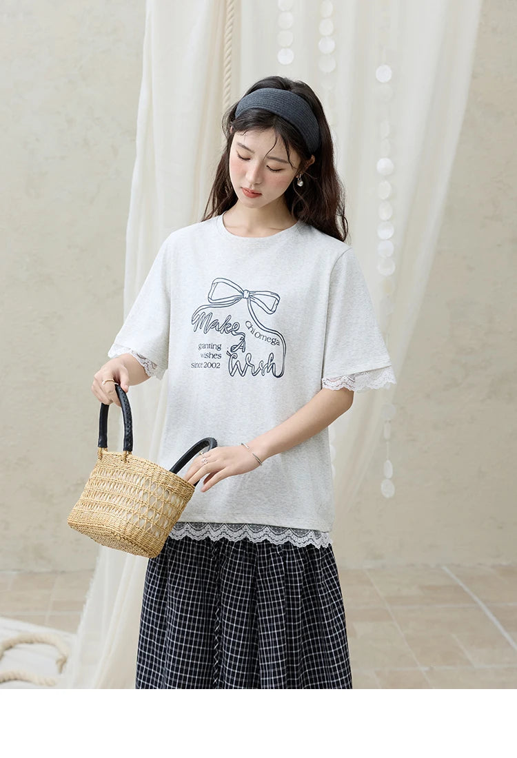Mishow Print Lace Bow Detail Tee MXE32T0554