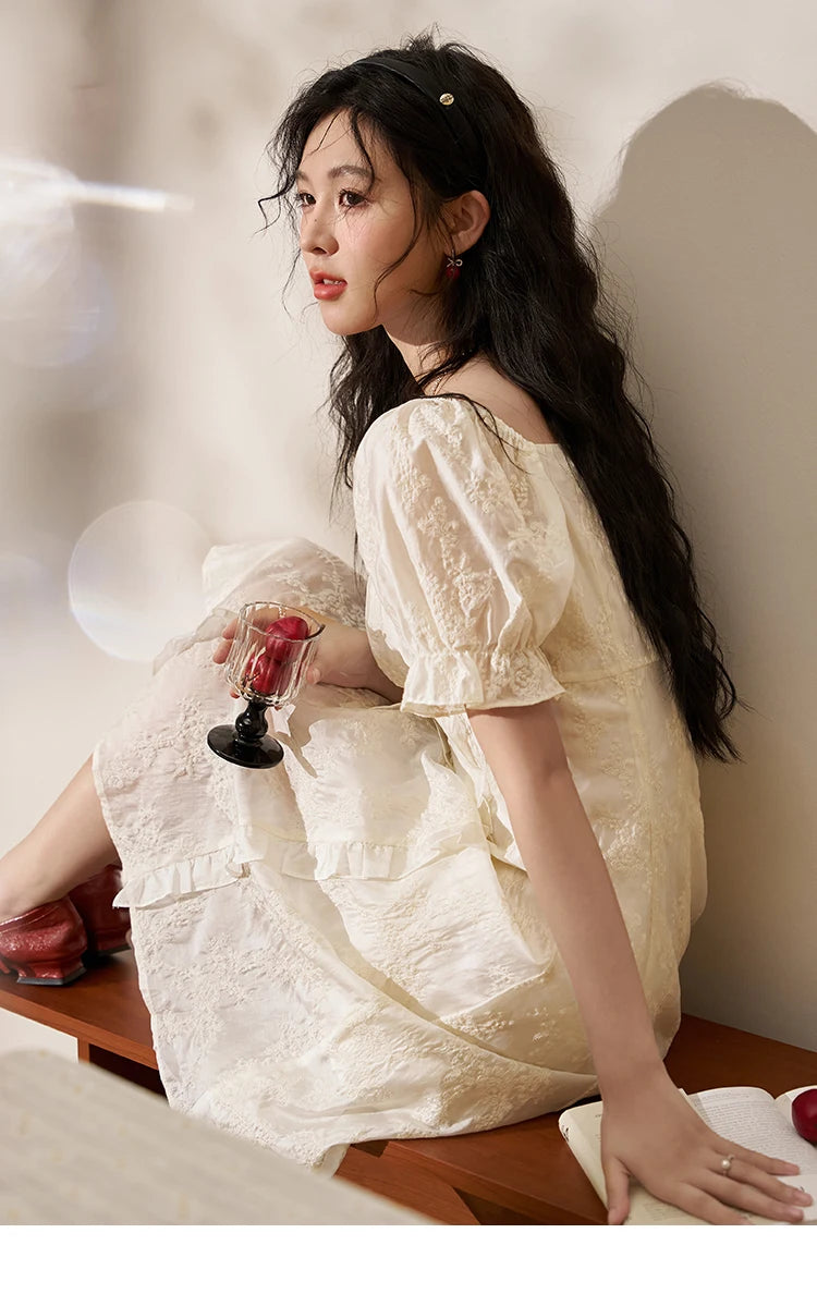 MISHOW Square Neck Vertical Stripe Ruffle Edge Dress 2025 Summer Tea Break French Bubble Sleeve Vacation Long Dresses MXD27L1808