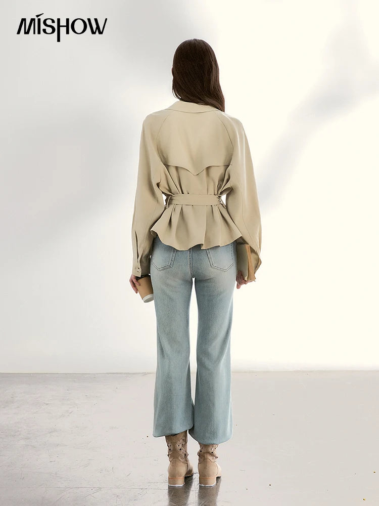 MISHOW Women's Khaki Belted Waist Coat 2026 Spring Lapel Double-breasted Coats female Casual Short Jacket Office Lady MXF13W1056