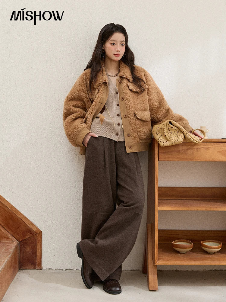 MISHOW Faux Lambskin Coat Women 2025 Winter Retro Turn-down Collar Brown Coat Office Lady Loose Warm Casual Jackets MXE89W0896