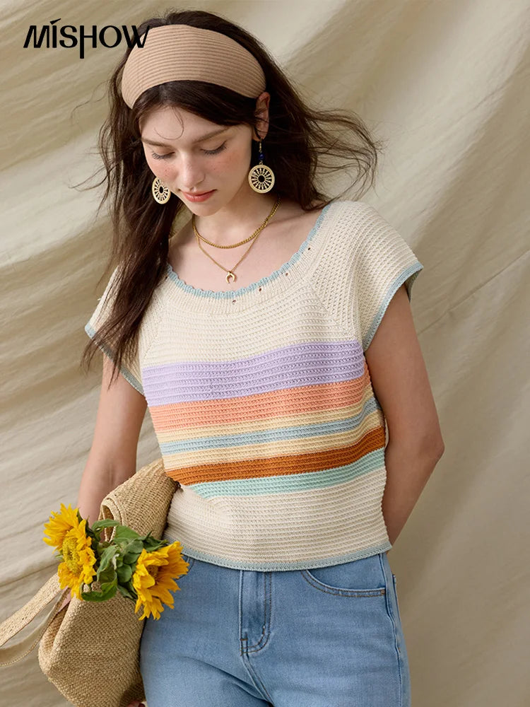 MISHOW Casual Stripe Knitted Pullover Women Summer New 2025 Short Sleeve Round Neck Slimming Tops Female Office Lady MXE31Z1222