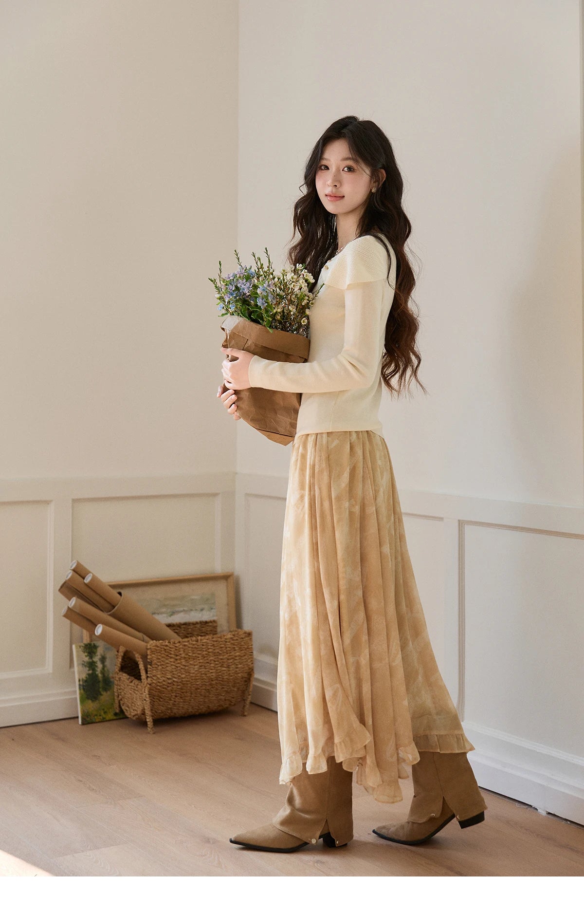 MISHOW Women's Beige Wool Blend Knit Sweater 2026 Spring Asymmetrical Collar Long Sleeve Top Slim Casual Thin Sweater MXF11Z2918