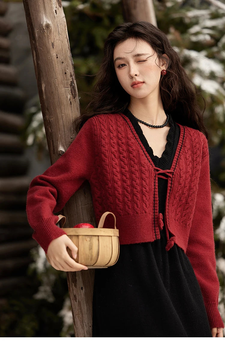MISHOW Red Knitted Cardigan V-Neck Midi Dresses Separately A-LINE Temperament Grace Dress Flower Lace-up Warm Coat MXD58L2085
