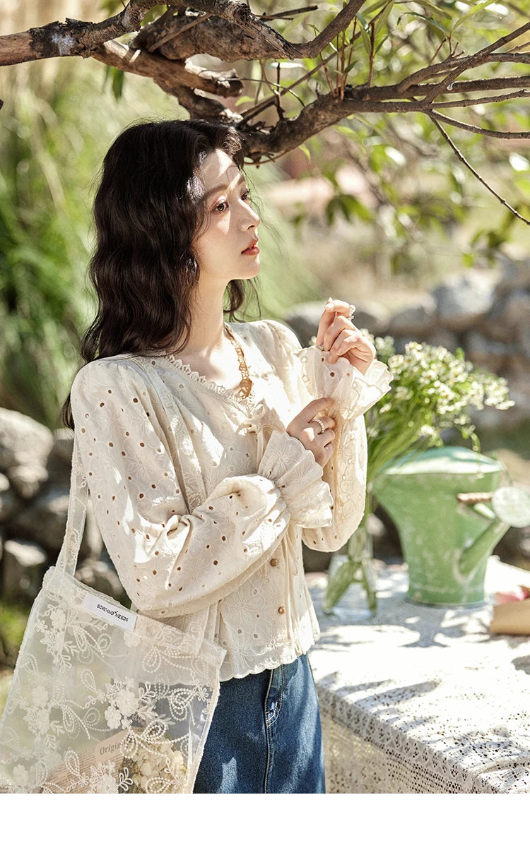 MISHOW Hollow Lace Shirt for Women Spring 2025 French Retro Lace100 Cotton Shirt V Neck Waist Elastic Cuffs Blouses MXE12X1710
