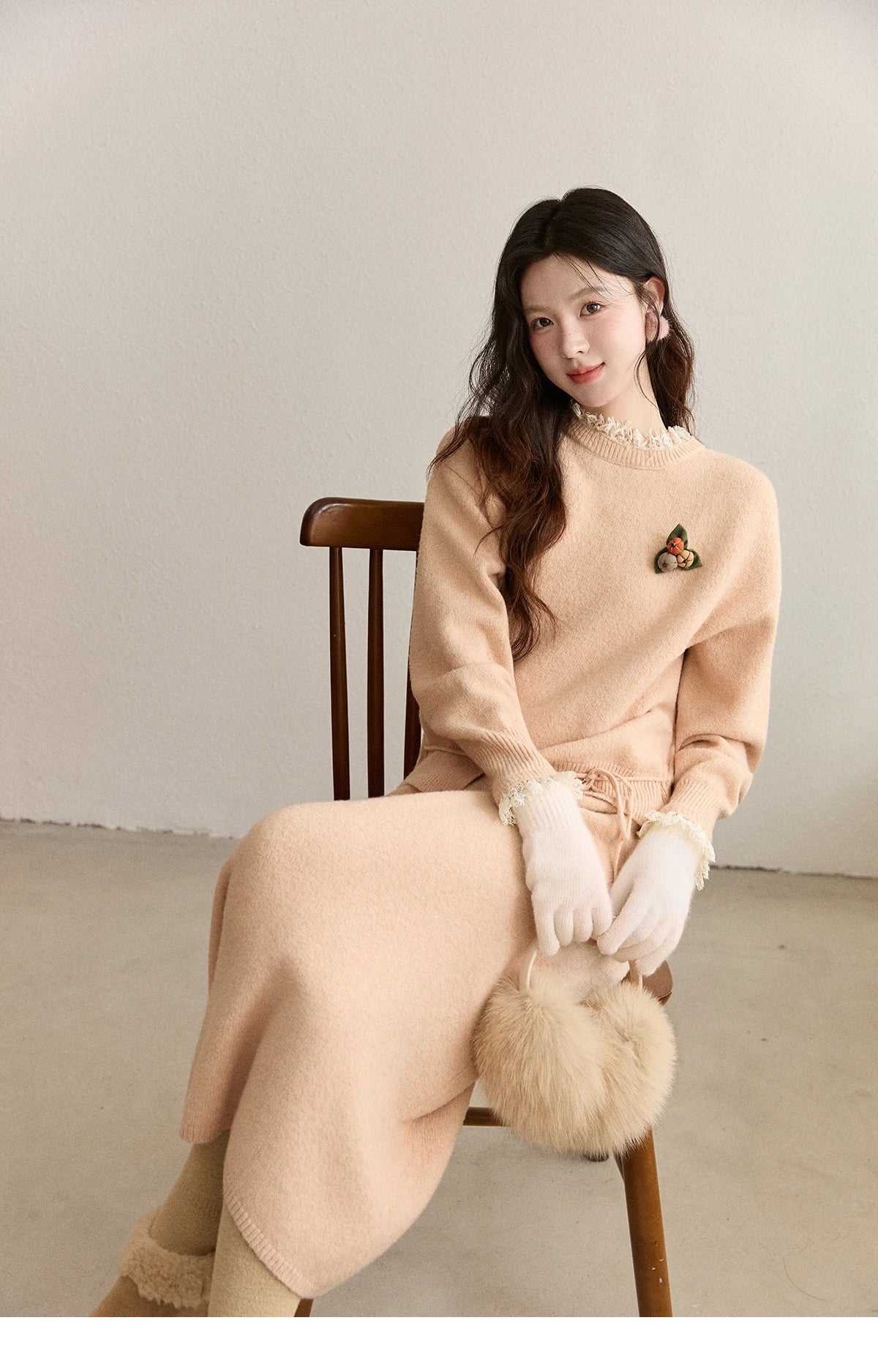 MISHOW Lace Trim Knitted Sweater Midi Skirt Set 2025 Winter Non Removable Brooch Decor Sweater Back Split Skirt Sets MXE92T1450