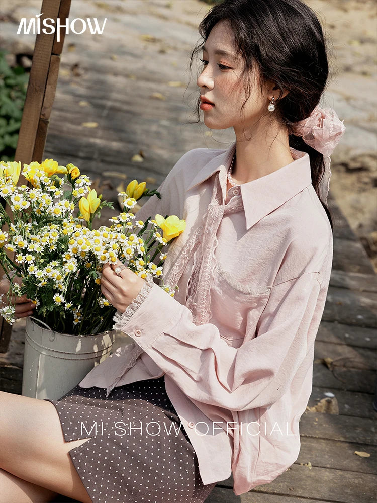 MISHOW French Spring Blouses Women 2025 New Long Sleeve Turn-down Collar Loose Shirts Female Fashion Lace Casual Tops MXE16C0760