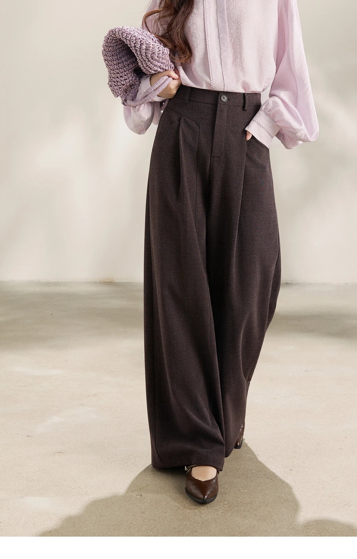 MISHOW Women's Dark Purple Wide Leg Pants 2026 Spring High Waist Pleated Pants Back Elastic Waist Casual Trousers MXF13K1204