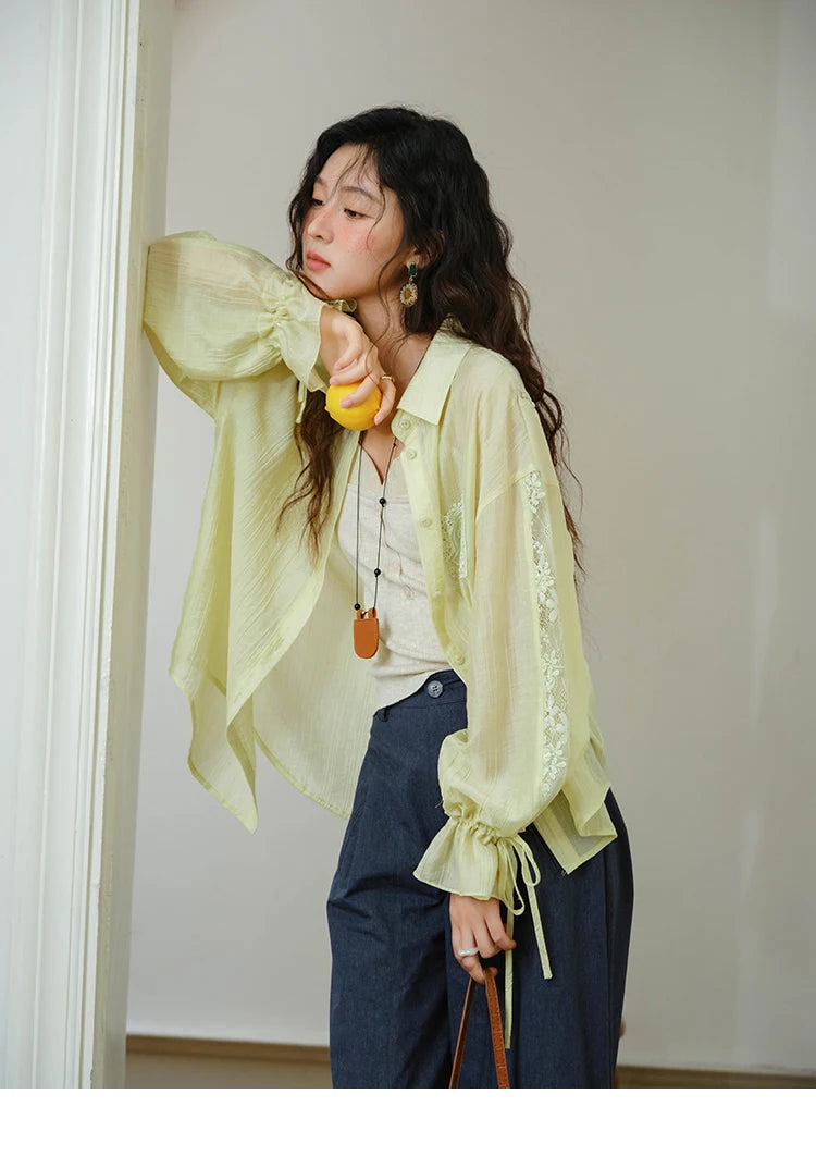 MISHOW Blend Patchwork Lace Cool Shirt Female Autumn 2025 Korean Loose Lapel Drop Sleeve Shirts Drawstring Cuffs Top MXE31C0789