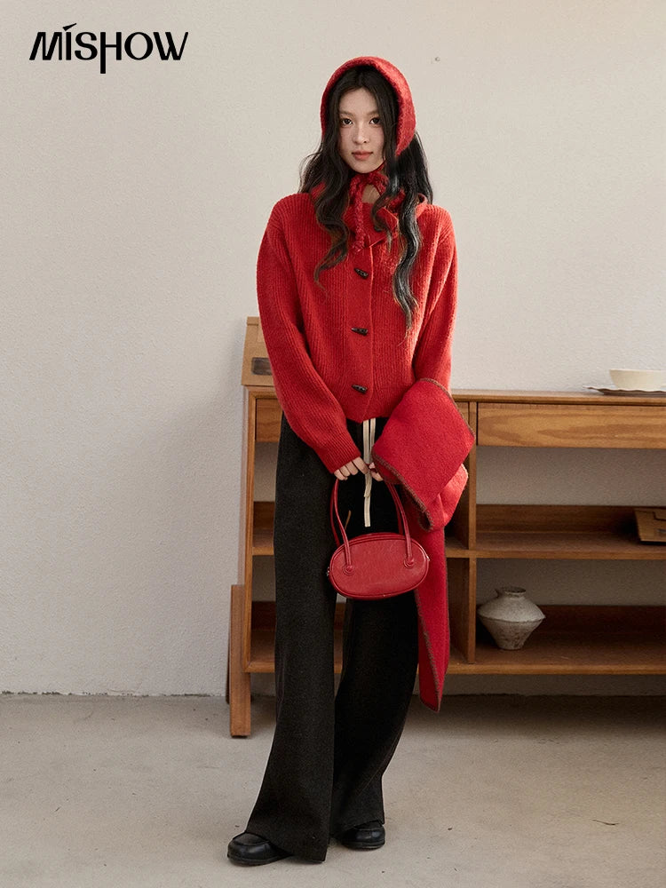 MISHOW Women's Retro Red Bull Horn Button Sweater 2025 Winter Arctic Velvet Warm Knitted Sweater Excluding Headscarf MXE90Z2819