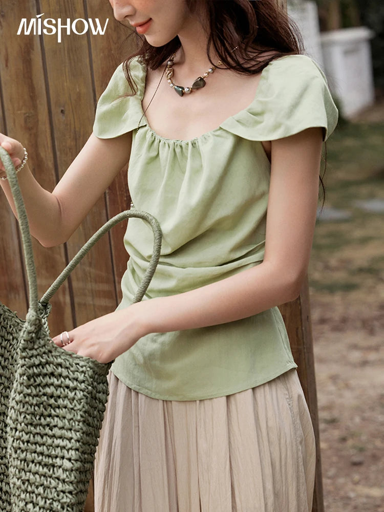 MISHOW French Summer Shirt Women 2025 New Short Flying Sleeve Square Collar Solid Slimming Blouses Female Versatile MXE34X1804