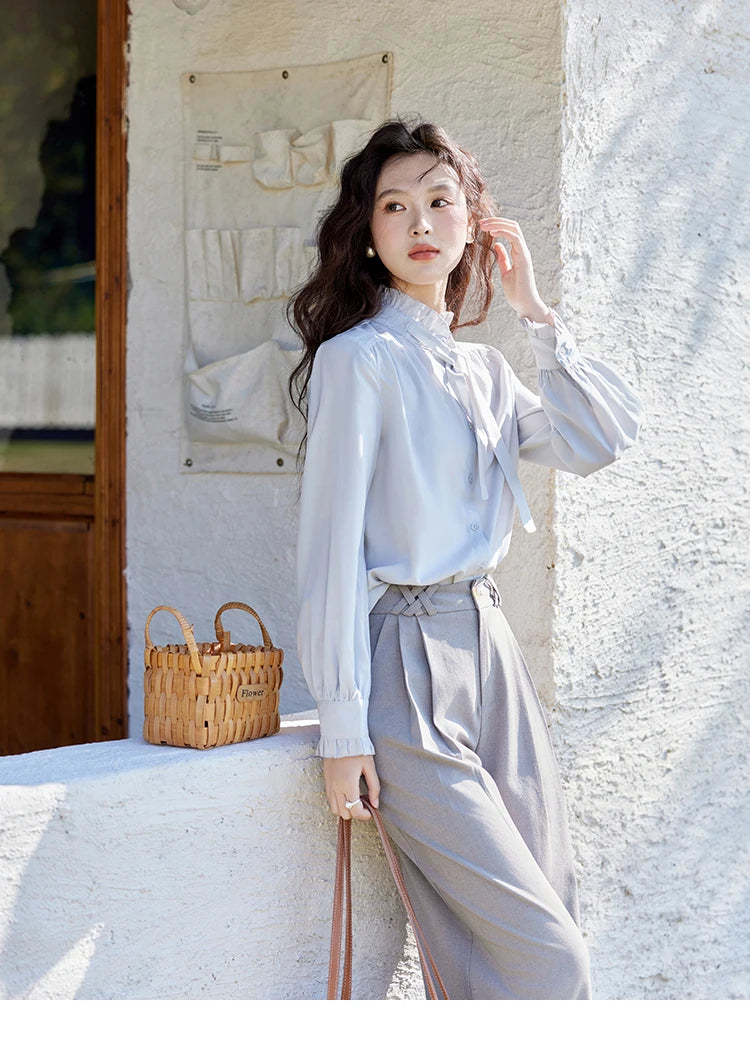 MISHOW French Ribbon Stringy Selvedge Neck Shirt for Women Spring 2025 Slim 100 Lyocell Shirts Solid Commuter Tops MXE13C0383