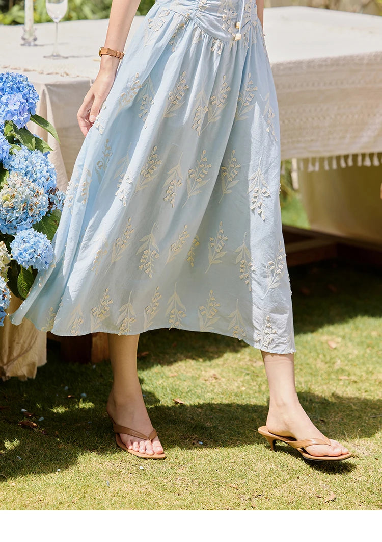 MISHOW Blue Square Neck Bubble Sleeve Dress for Women Summer 2025 Waist Vacation 100 Cotton Embroidered Long Dress MXE35L2234