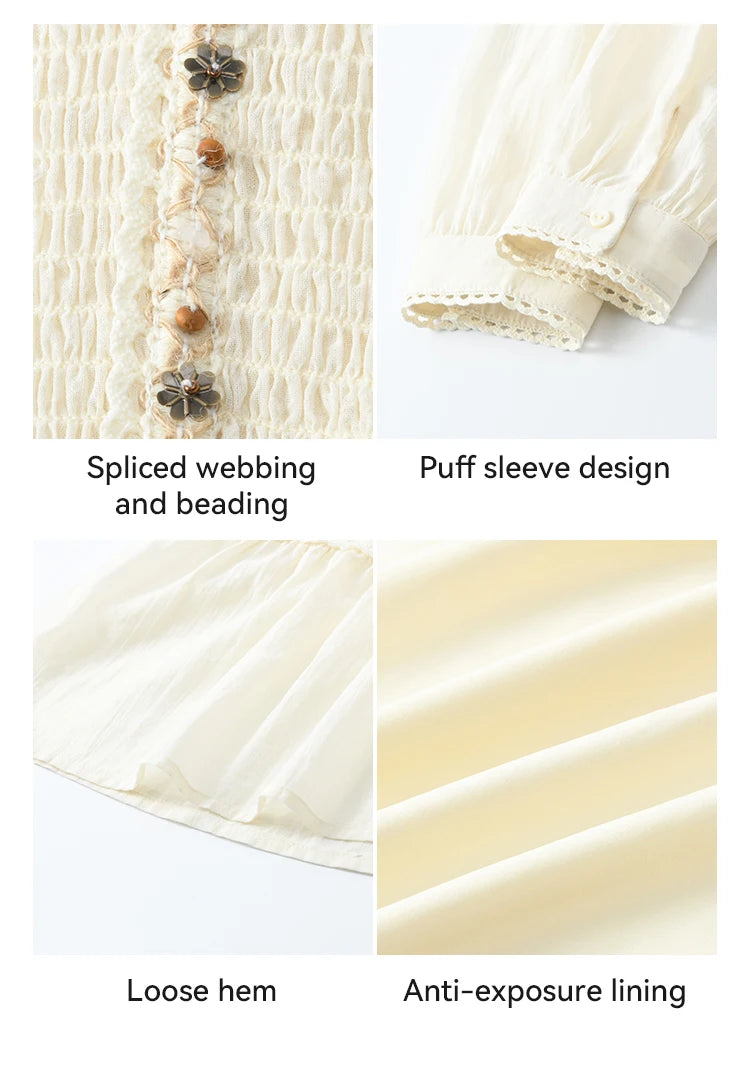 MISHOW Apricot Vacation Dress for Women Spring 100 Cotton Splicing Lace Retro Dress V-neck Waist Slim Long Dresses MXE16L2168