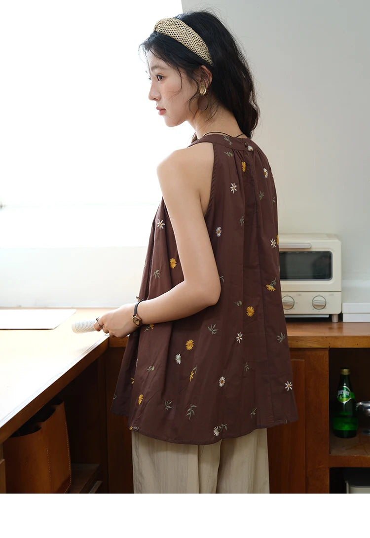 MISHOW Women's Two Piece Set 2025 Summer New Embroidery Hanging Neck Sleeveless Top Retro Khaki Wide Leg Pants Set MXE39T0713